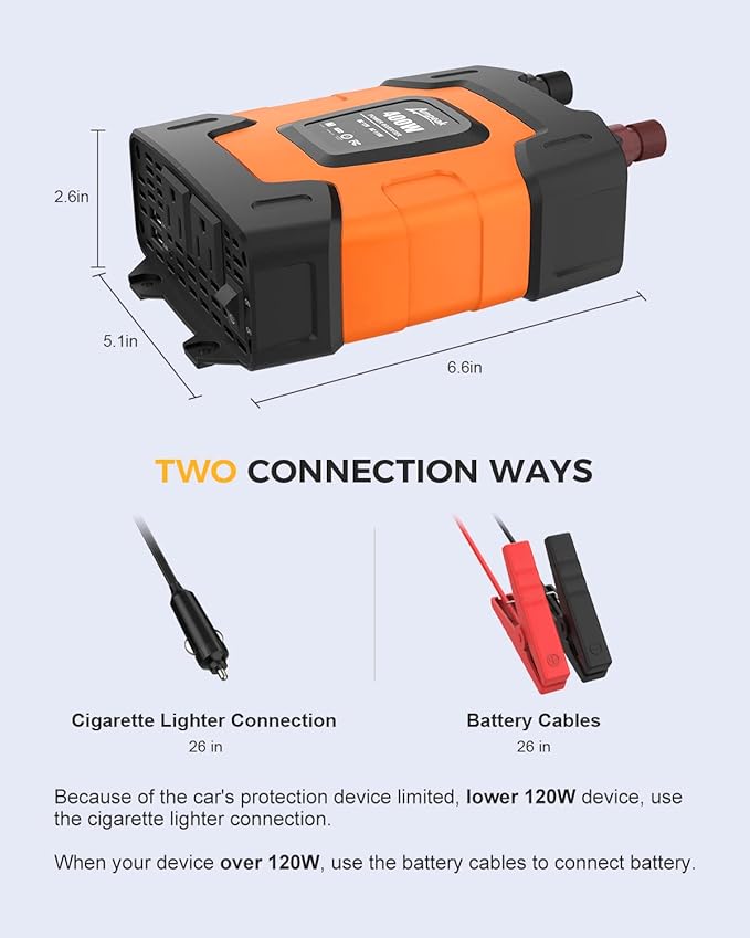 Ampeak 400W Power Inverter 4.8A Dual USB Ports 2 AC Outlets Car Inverter DC 12V