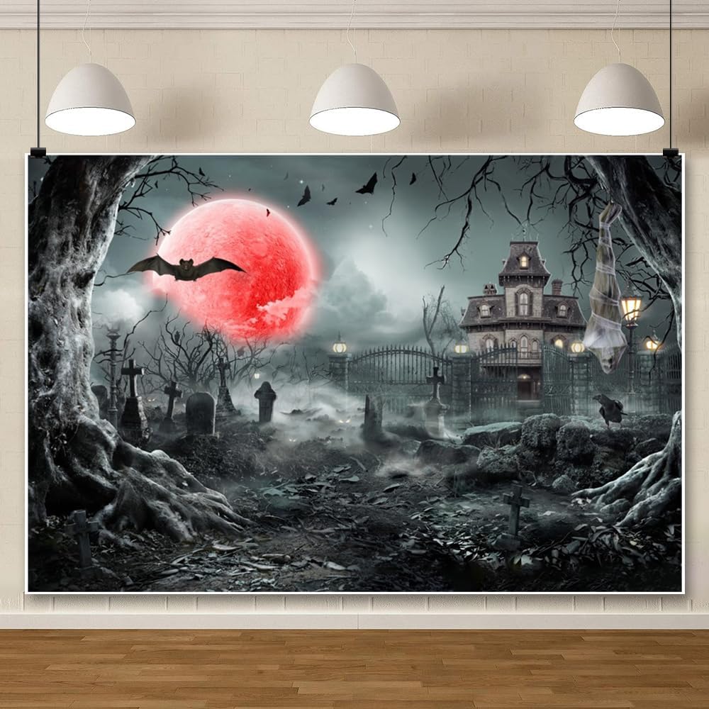 10x8ft Blood Moon Halloween Backdrop Haunted Graveyard Background
