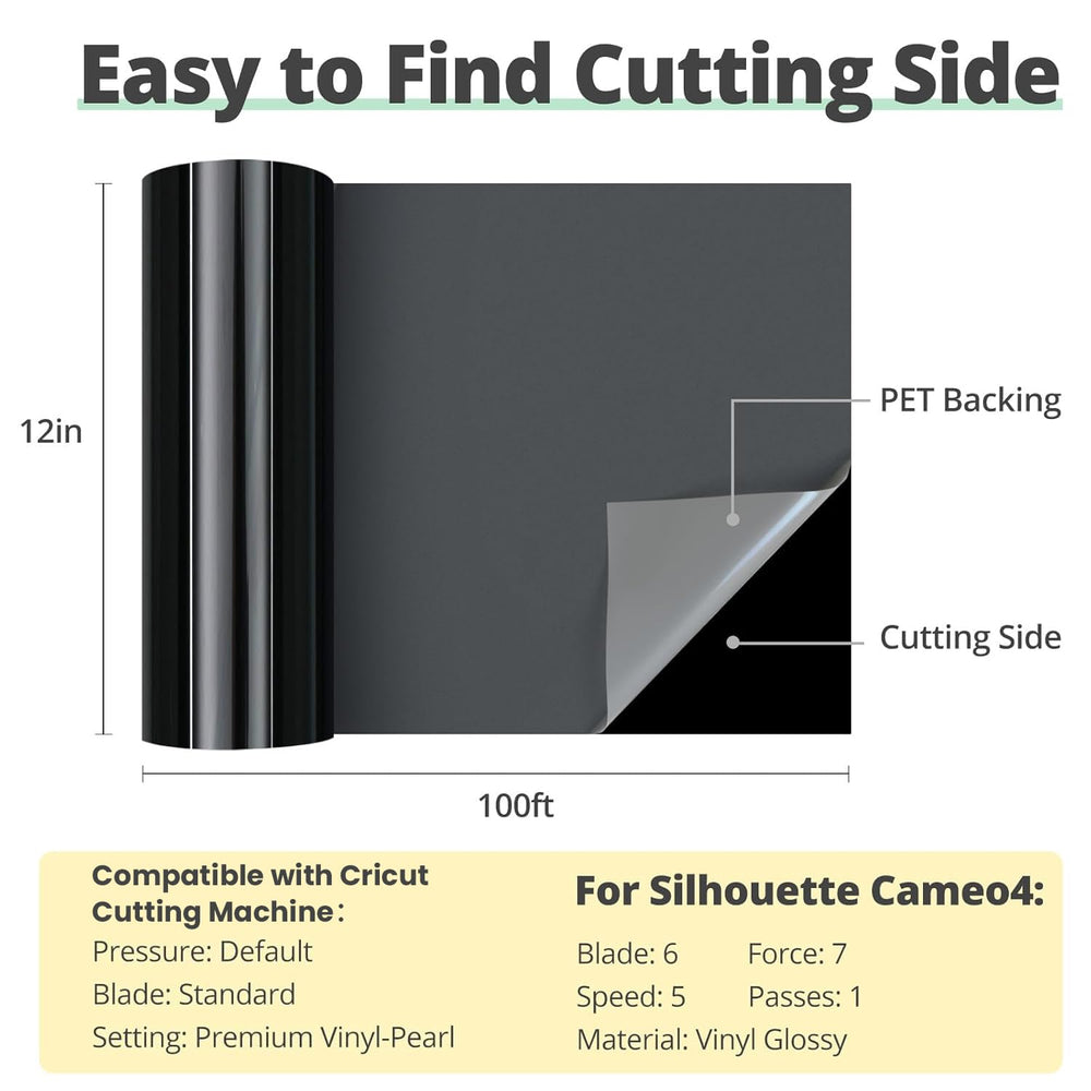 HTVRONT Black Permanent Vinyl, 12" x 100 FT Glossy Adhesive Vinyl Roll