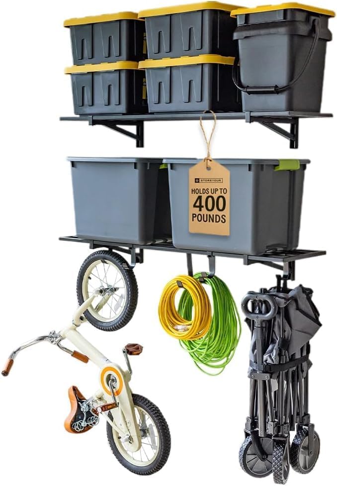 StoreYourBoard Garage Wall Shelf, 1x4 ft, Holds 400 lb, 6 Hooks, 2 Pack