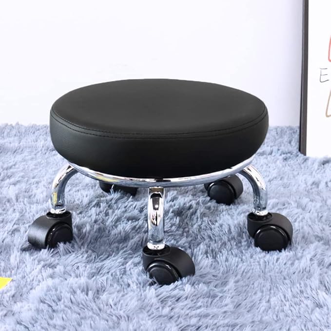 Modern Roller Seat PU Leather Low Round Rolling Stool 360 Swivel Small Stool