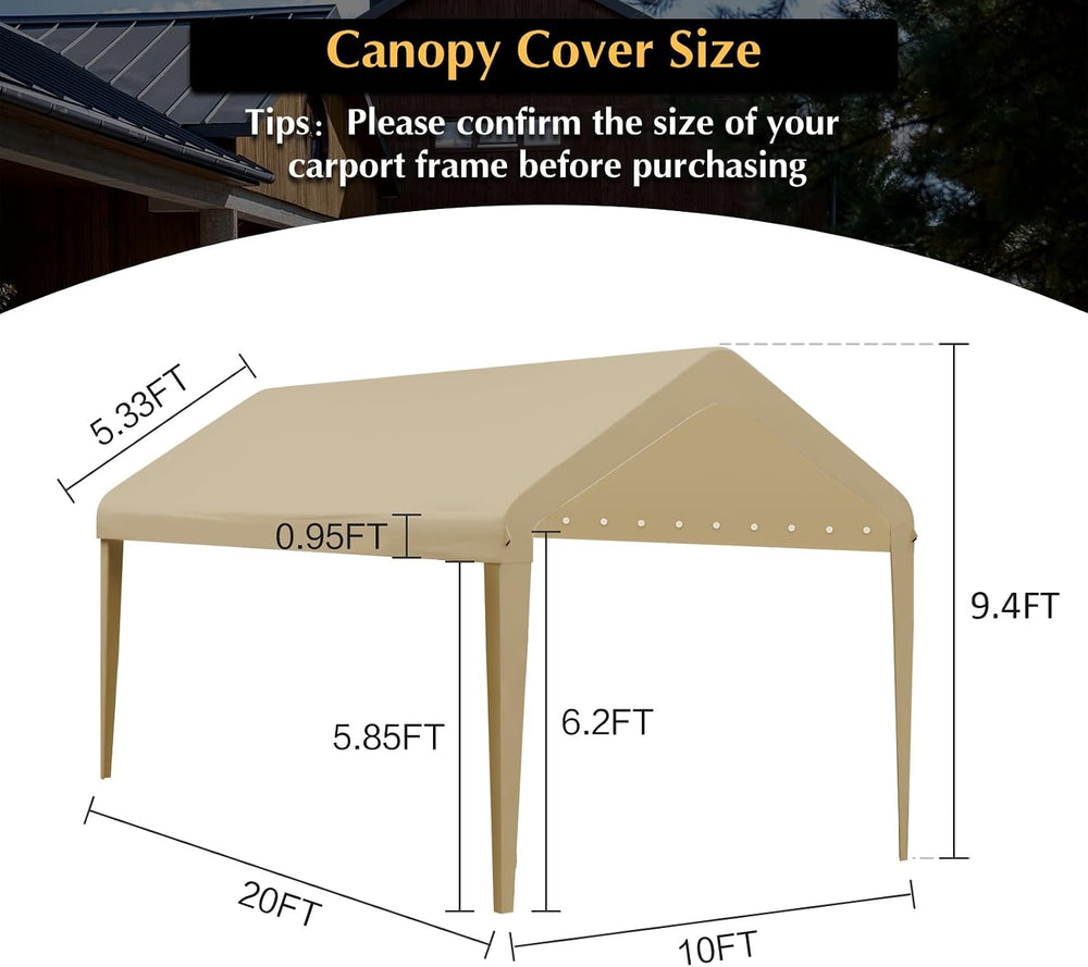10x20 FT Car Canopy Replacement Cover, 800D Waterproof & UV, Beige