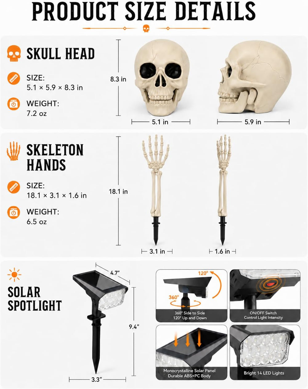 Solar Halloween Lights Outdoor with Skeleton Head and Hands