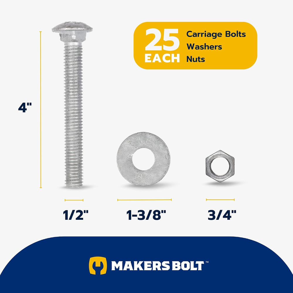 1/2" x 4" (25 Pack) Galvanized Carriage Bolt Kit Grade 307A Include...