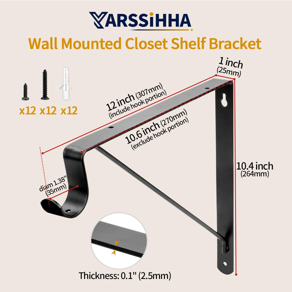 Yarssihha 6 Pack Closet Rod Bracket, 12 x 10.4 Inch Wall Mounted Closet Shelf...