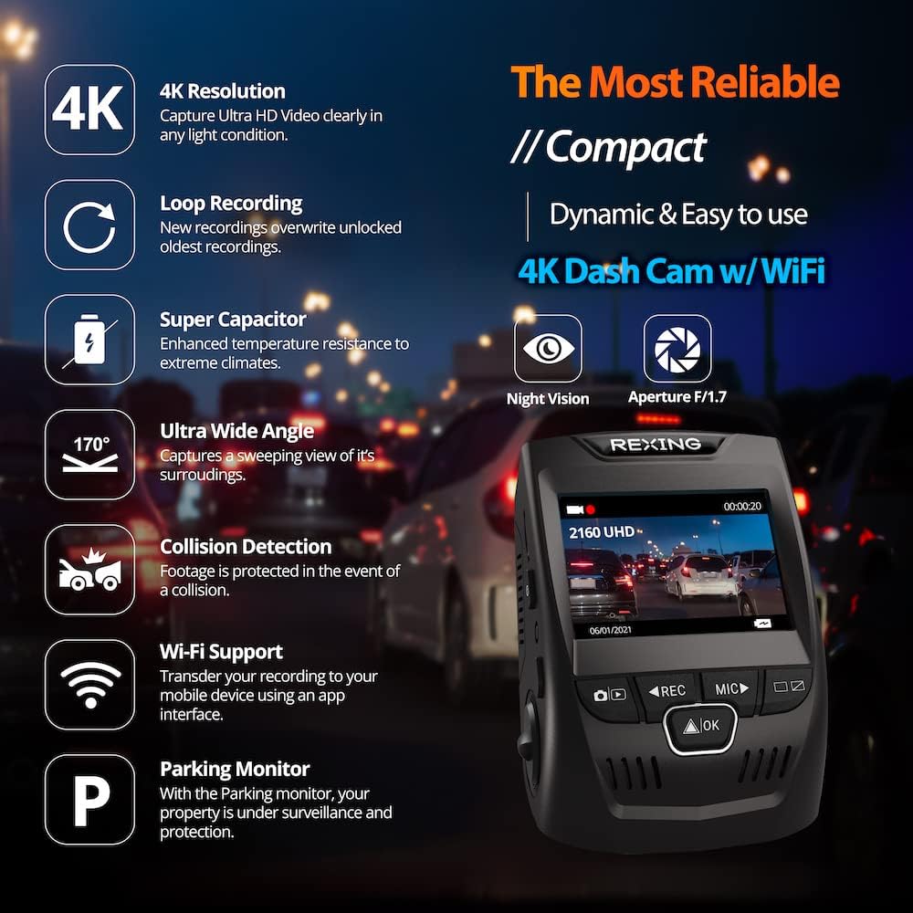 REXING V1 - 4K Ultra HD Car Dash Cam 2.4" LCD Screen, Wi-Fi, 170° Wide A...