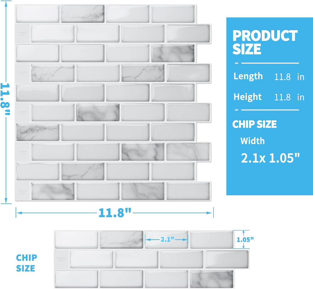 Art3d 10-Pack Peel and Stick Stone Backsplash Tile, 12" x 12", Whit...