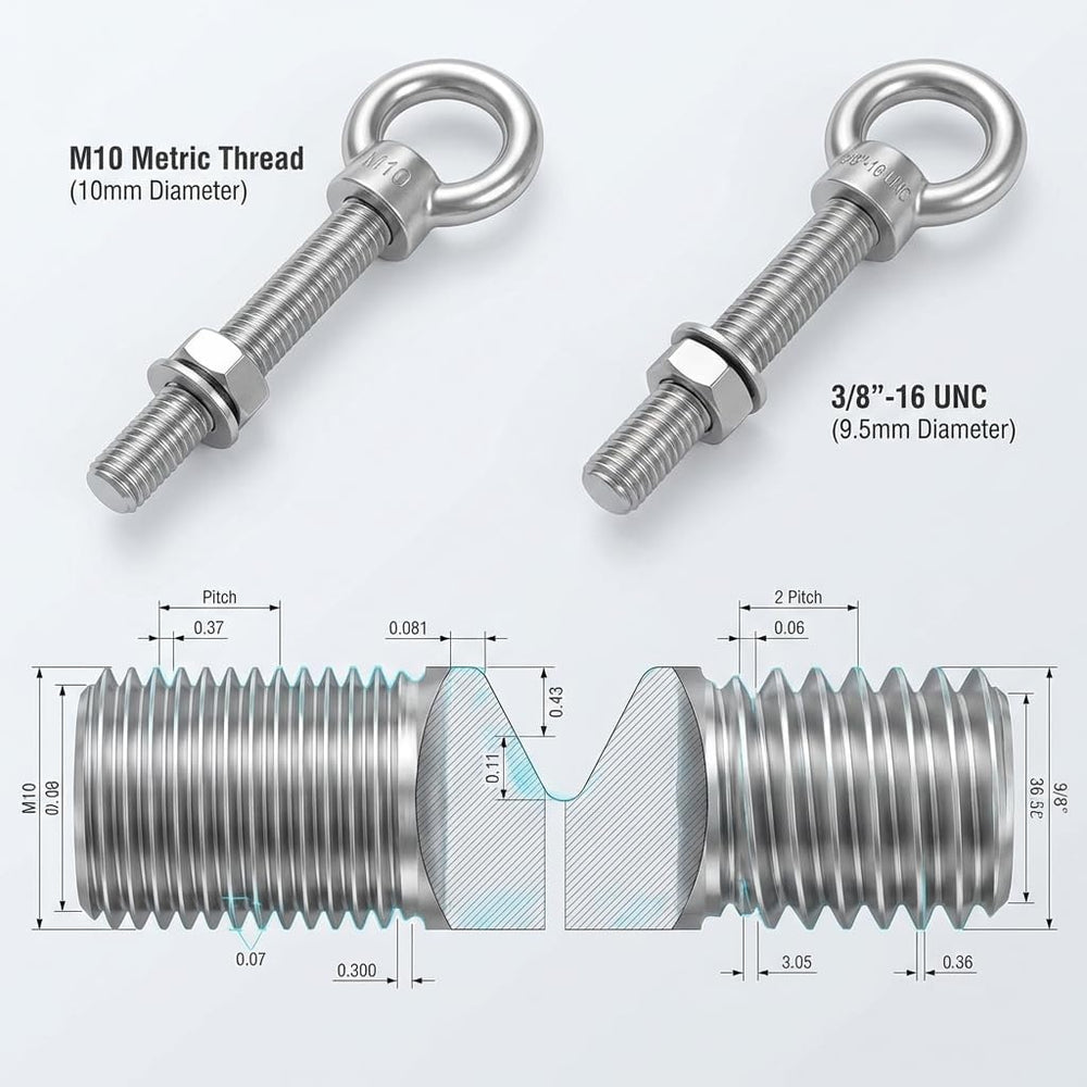 QWORK M10×100mm Stainless Steel Shoulder Eye Bolts – 20 Pack 3/8" x 4&qu...