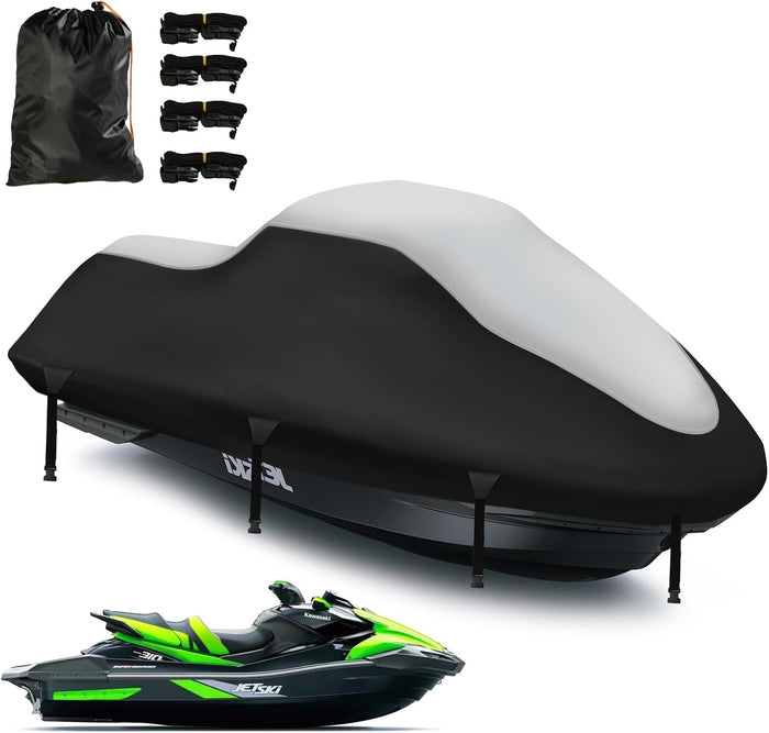 Waterproof Jet Ski Covers,Upgraded 420D Heavy Duty Motorboat Cover,2 Air Vent Marine Grade UV Resistant for Waverunner Polaris from 126" to 135"(Silver Black)