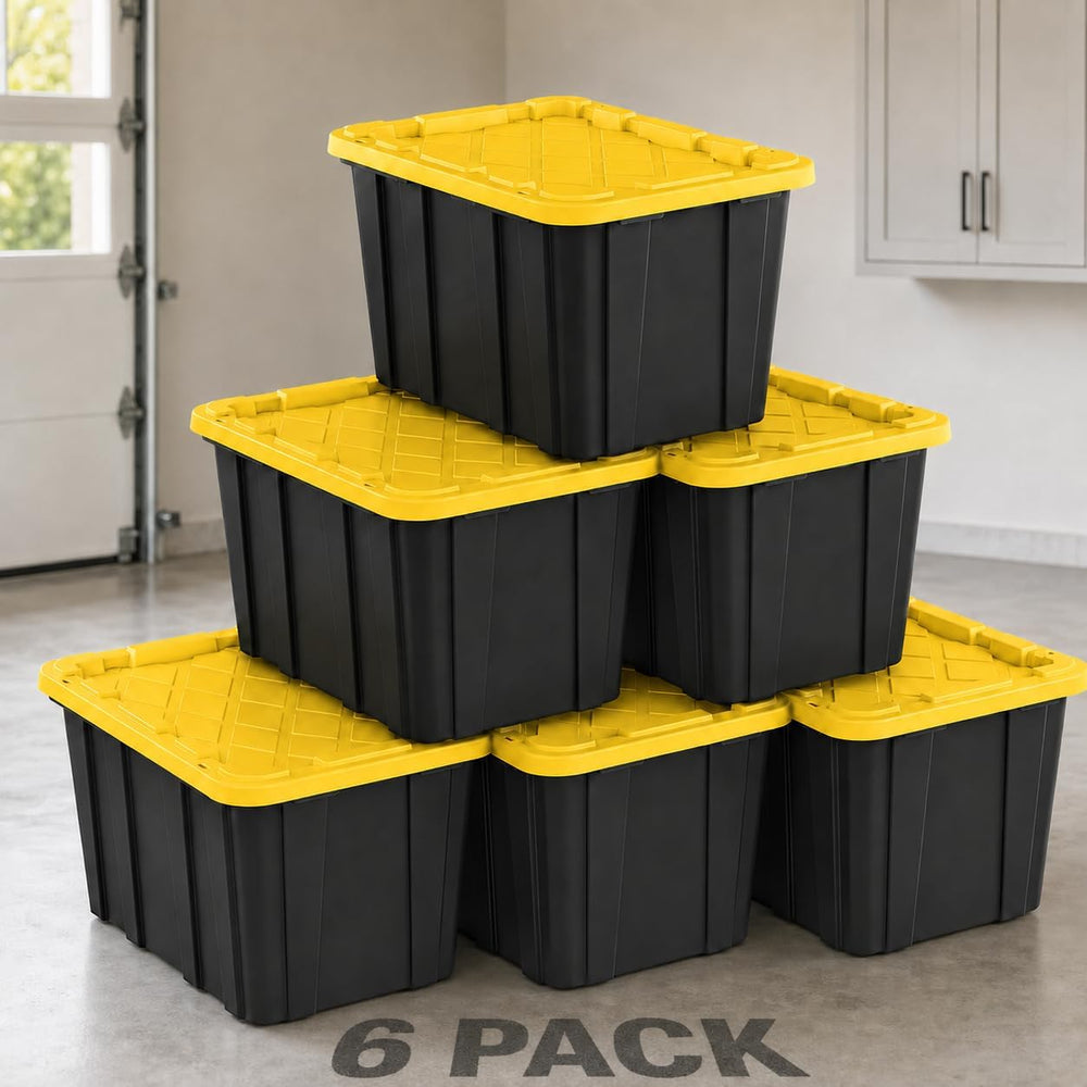 6-Pack 27 Gallon Storage Totes with Lids, Stackable Black & Yellow Bins