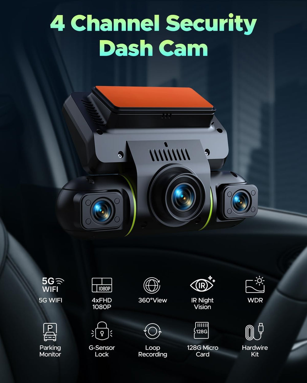 LAMTTO 4 Channel Dash Cam Front and Rear Inside,5GHz WiFi,128GB Card