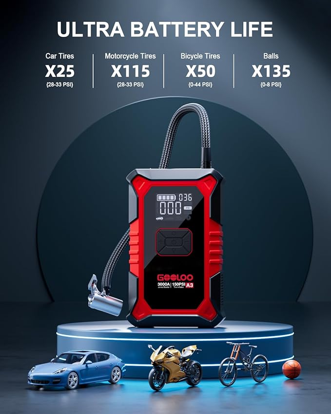 GOOLOO A3 Jump Starter with Air Compressor, 3000A Portable Car Battery Booster