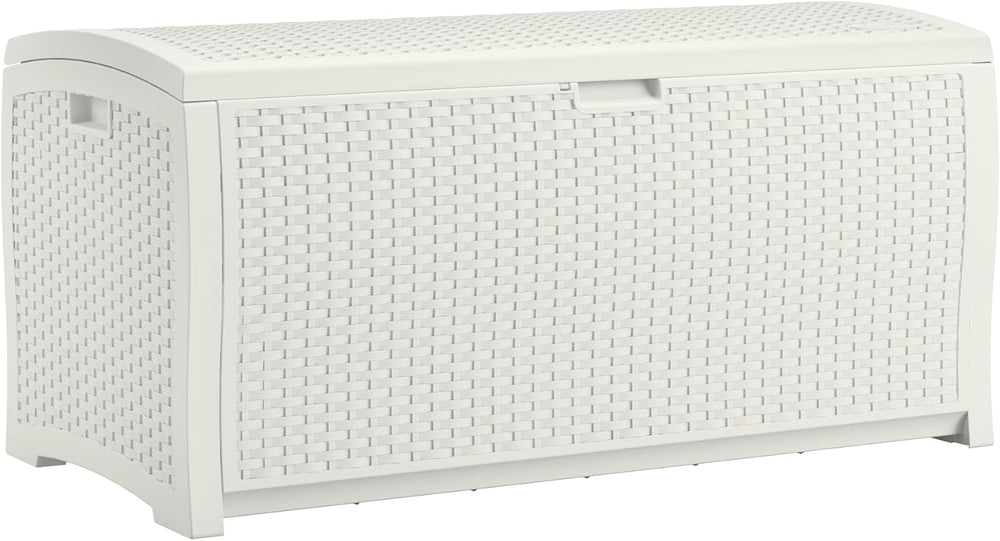 Suncast 99 Gallon Wicker Horizontal Outdoor Deck Box with Hinged Lid, Water-R...