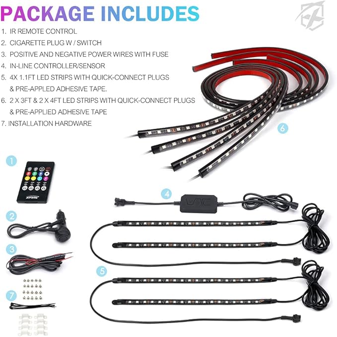 Xprite 8Pcs Car RGB LED Strip Lights, Exterior Underglow & Interior Bluet...