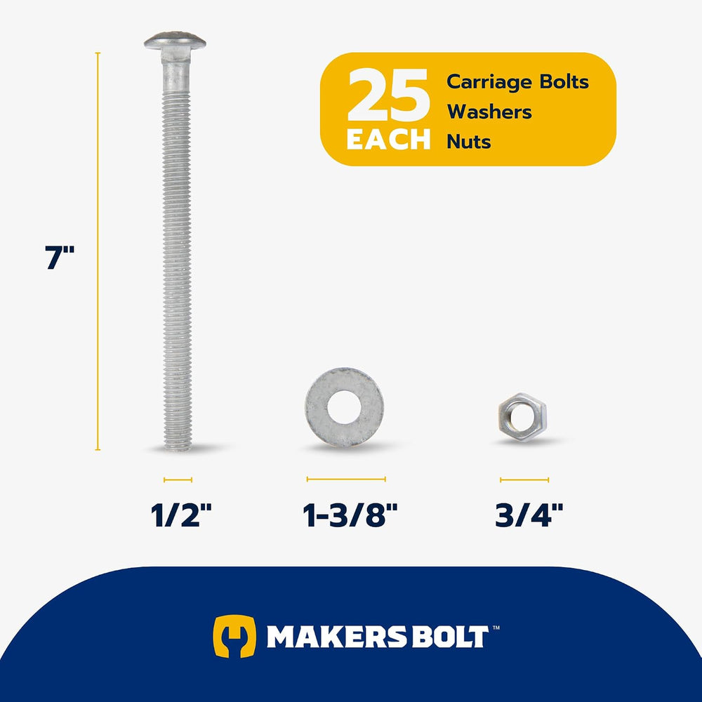 1/2" x 7" (25 Pack) Galvanized Carriage Bolt Kit Grade 307A Include...