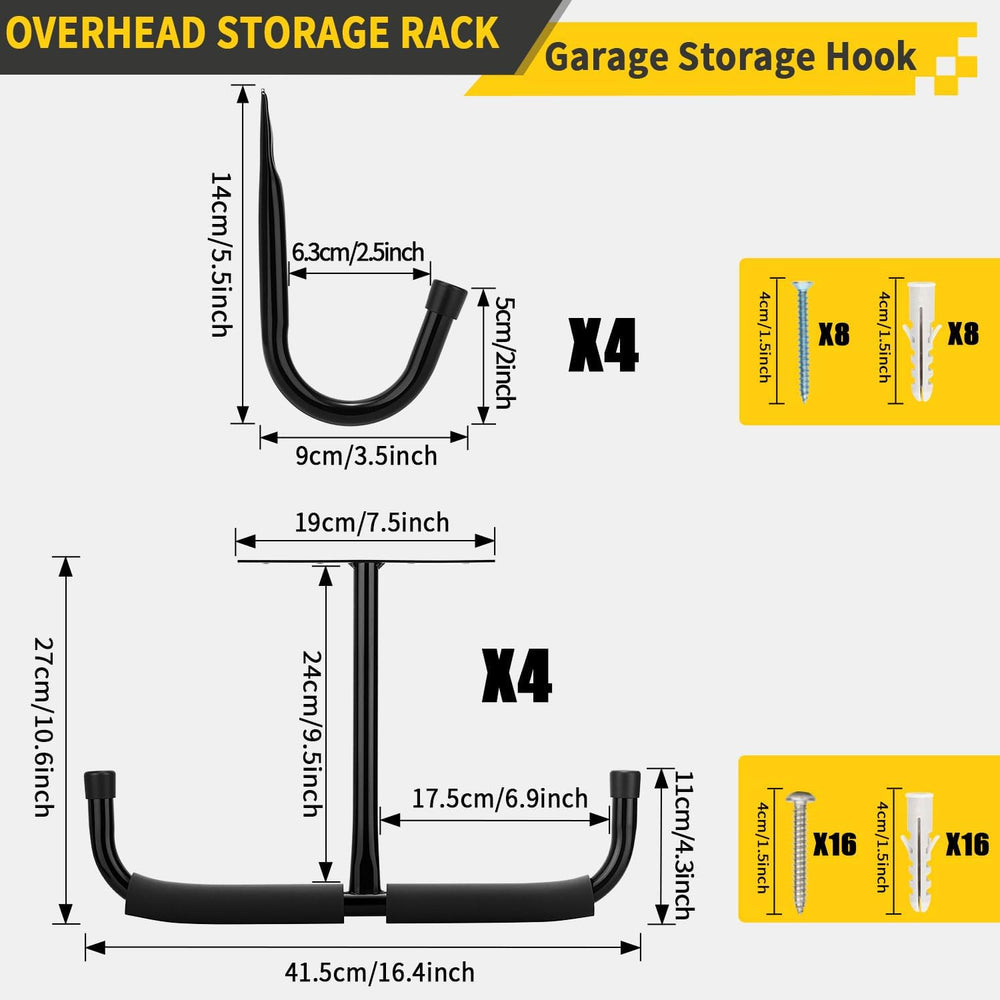 4 Pack Overhead Garage Storage Rack with 4 J Hooks, Heavy Duty Ceiling Mounte...