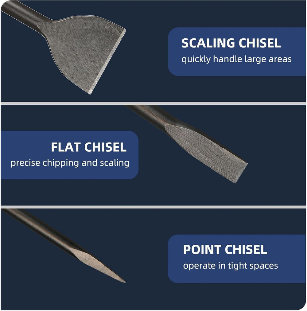 24 Inch SDS Max 3pc Set - 1 Inch Flat Chisel, Point Chisel and 3 Inch Scaling...