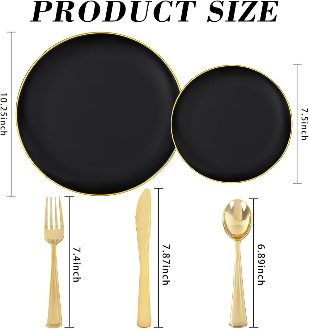 YOUBET 125PCS Black Plastic Plates with Gold Rim for Halloween