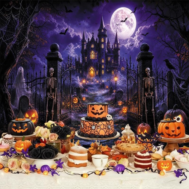 Halloween Backdrop 10x8ft Spooky Castle Moon Night Backdrop for Photography