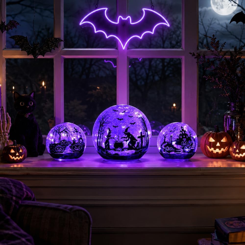 NEEDOMO Halloween Decorations Indoor, 3 Pack Witch Crackle Glass Globe Purple...