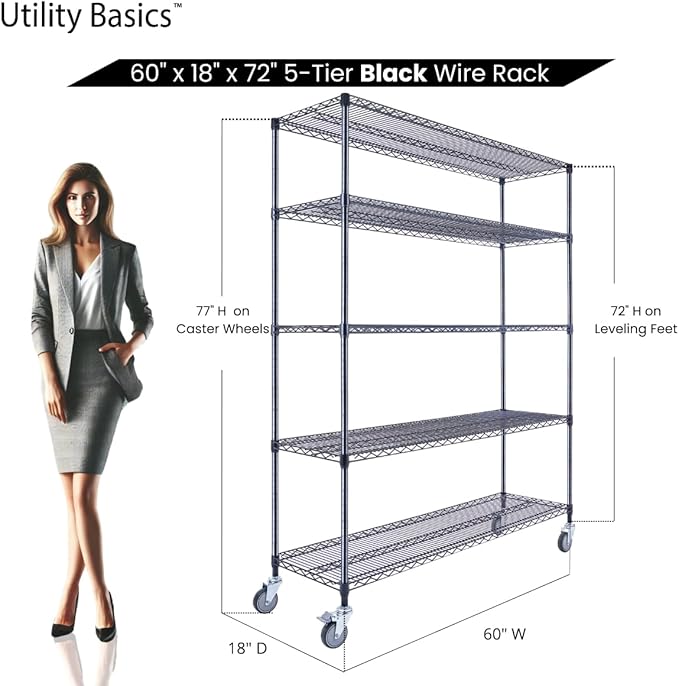 60"x18"x72" Black 5-Tier Premium Wire Shelving NSF 4000 LBS MA...