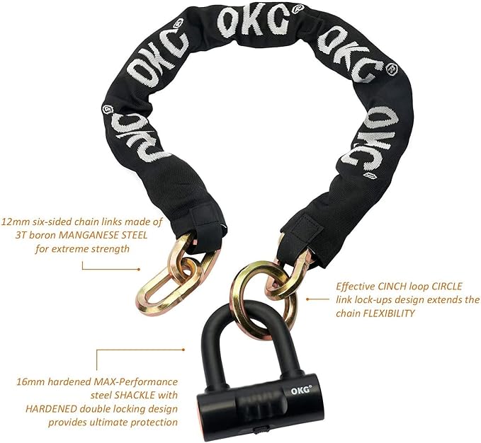 OKG Ultra Security Motorcycle Chain Lock, 4 Keys, 5 ft x 1/2in Thick Motorcycle