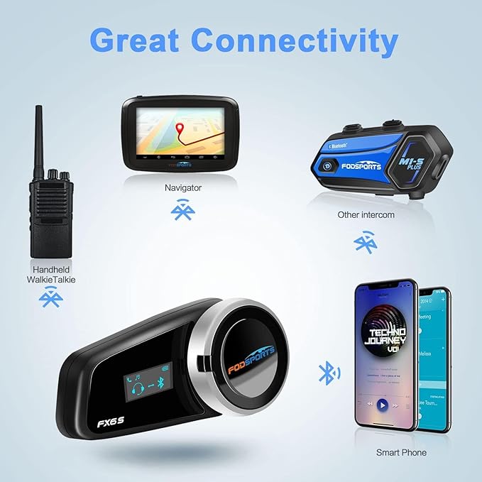 Fodsports FX6S Bluetooth Motorcycle Headset, 6-Way Motorbike Intercom Bluetoo...