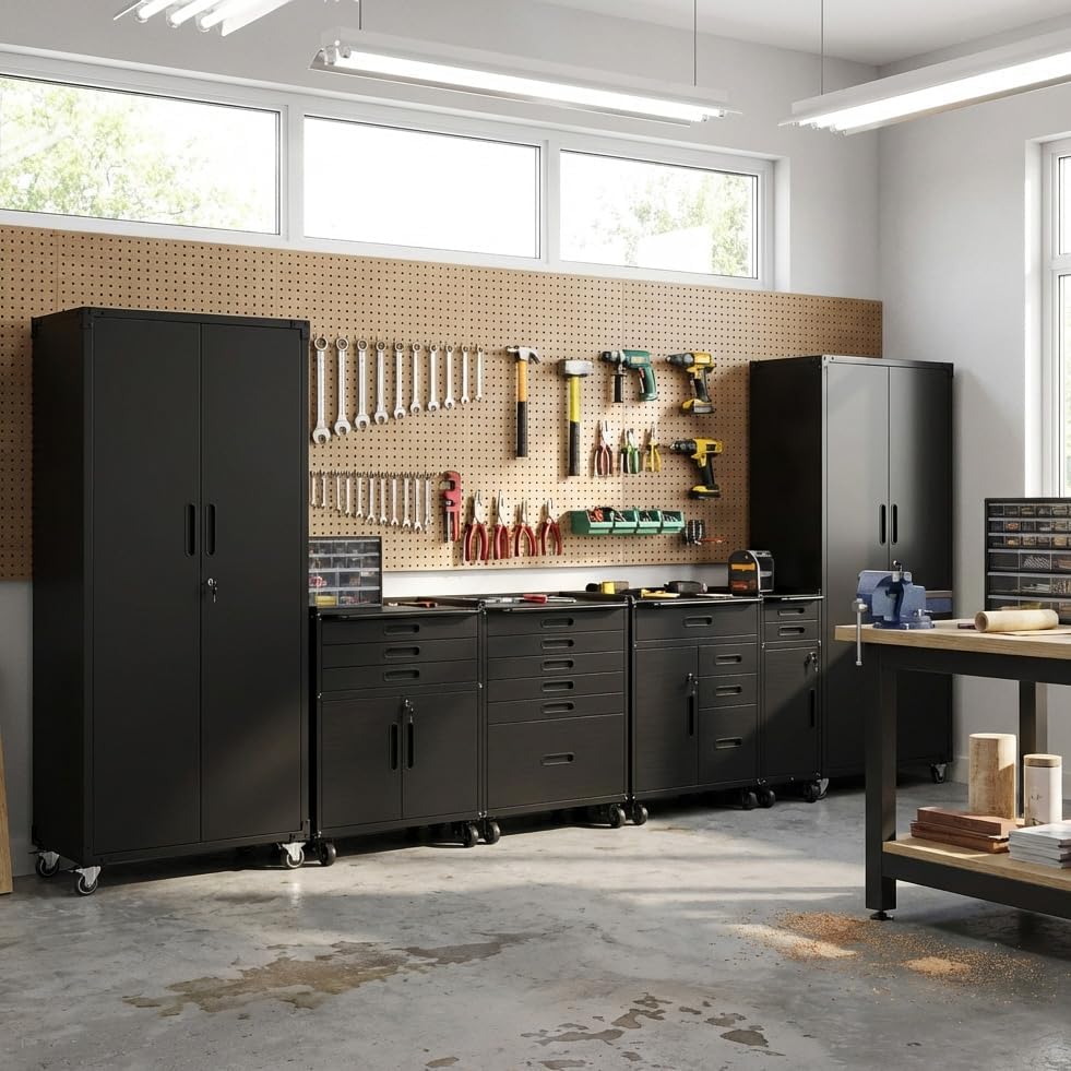 Garage Cabinet System | Heavy Duty Steel All-in-One Modular Garage Cabinet Se...