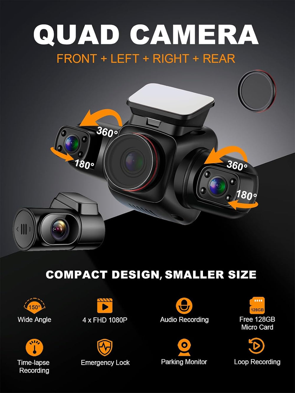 PRUVEEO 360 Degree View 4 Channel Dash Cam Front and Rear Inside Left Right, ...