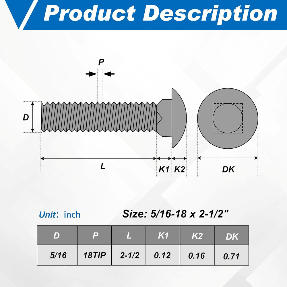 Zonon 50 Sets 5/16-18 x 2-1/2" Carriage Bolts and Nuts Kit,Silver