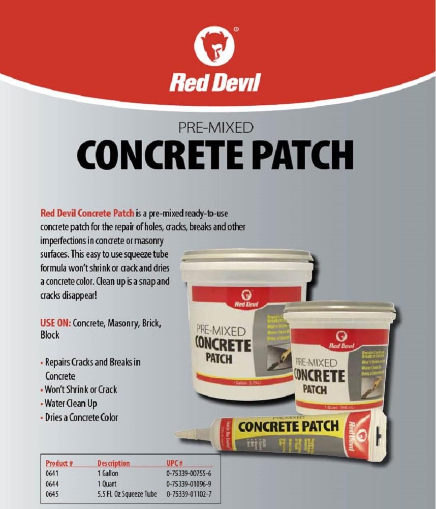 Red Devil 0641 Concrete Repair Patch, Cement Crack Filler, Pre-Mixed, 1 Gallo...