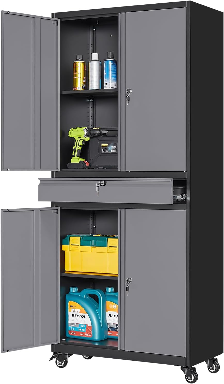 Metal Garage Storage Cabinet with Locking Doors and Adjustable Shelves, -73&q...