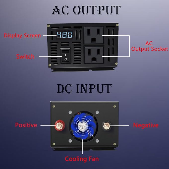 800W Pure Sine Wave Inverter-36V DC to 110V 120V AC Power Converter