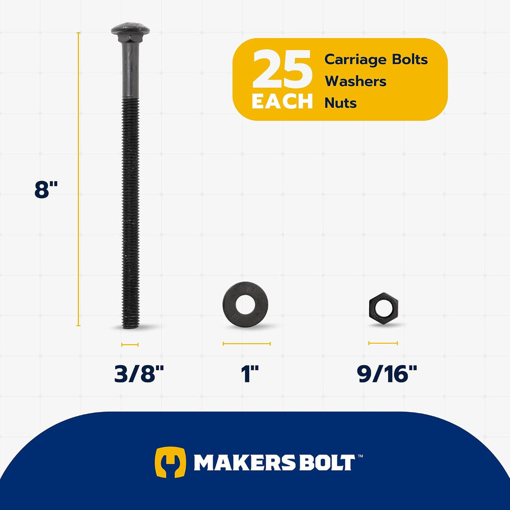3/8" x 8" (25 Pack) Black Carriage Bolt Kit, Grade 307A, Ceramic Co...
