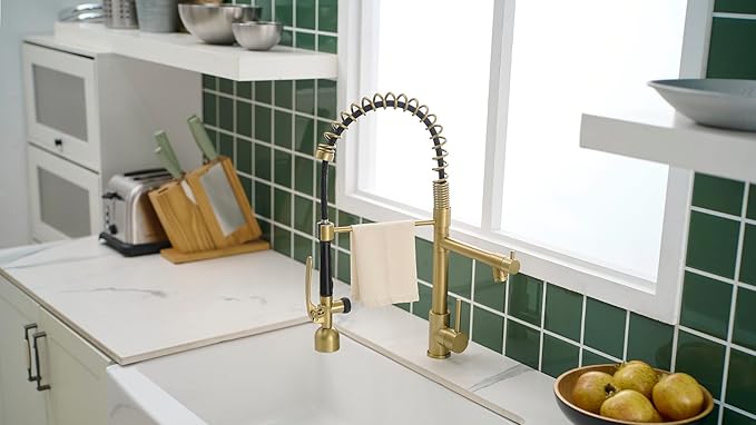 Fapully Single Handle High Arc Brushed Gold Pull Down Kitchen Faucet LED