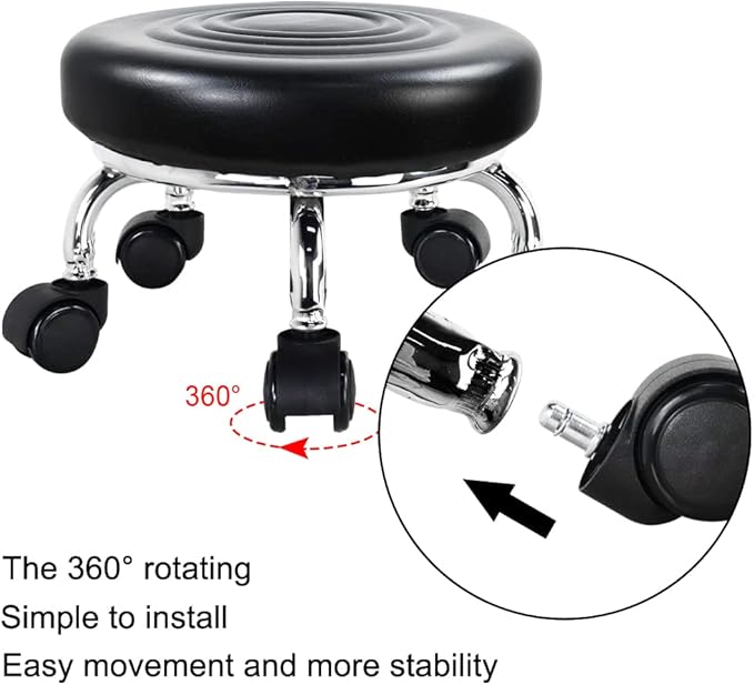 Modern Roller Seat PU Leather Low Round Rolling Stool 360 Swivel Small Stool