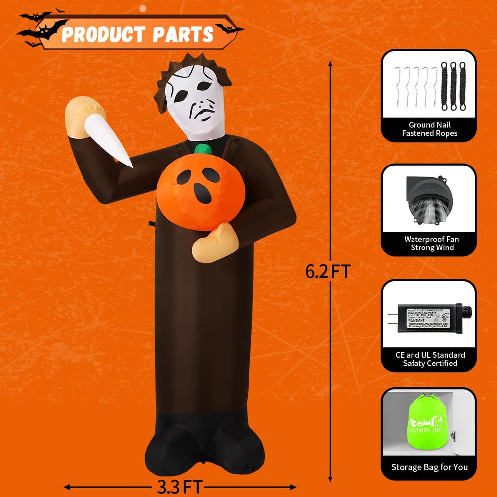 COMIN Halloween Inflatable 6FT Scary Pumpkin Killer with Built-in LEDs Blow U...