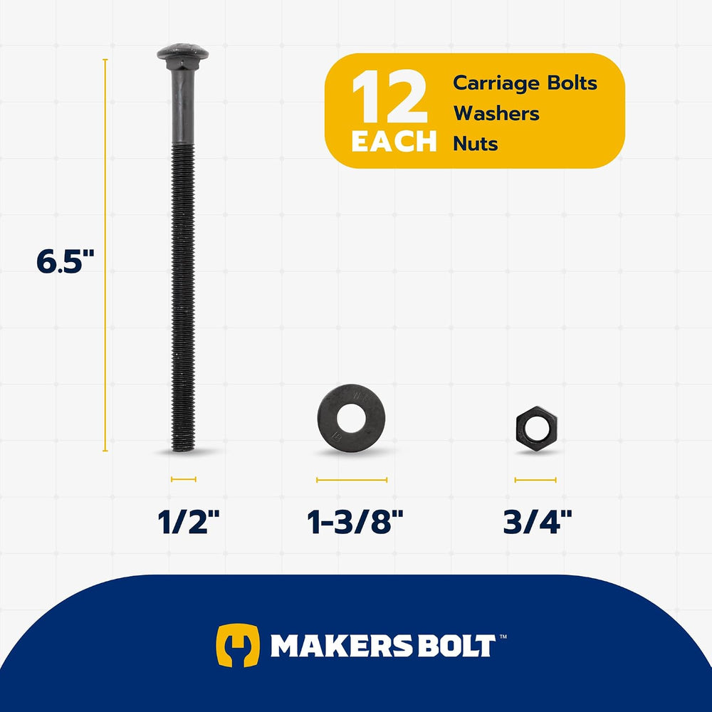 1/2 in. x 6-1/2 in. Black Carriage Bolt Kit Includes 12 Bolts, 12 Washers, an...