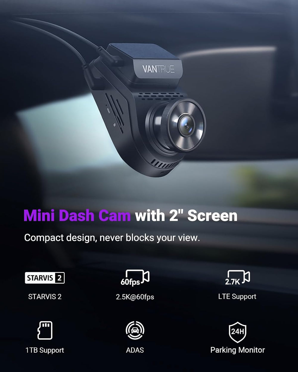 Vantrue S1 Pro 2.7K STARVIS 2 Mini Dash Cam Front, ADAS AI Car Camera