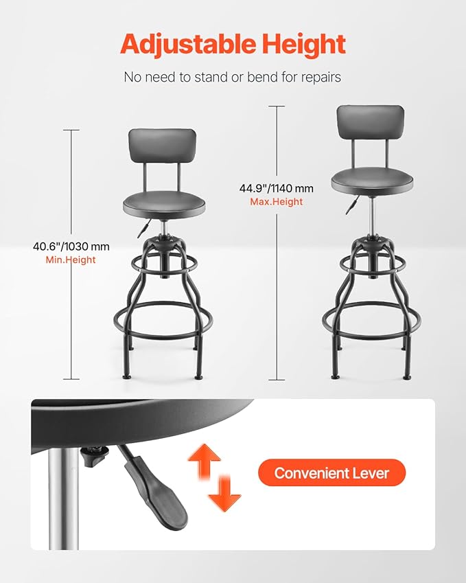 VEVOR Shop Stool with Backrest, Pneumatic Garage Seat/Work Stool with 300 lbs