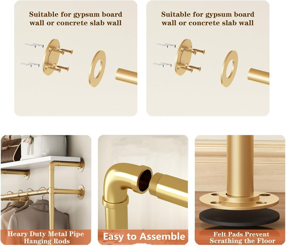 HOMEKAYT Industrial Pipe Clothes Rack with Shelves, Gold Clothing Rack Wall M...