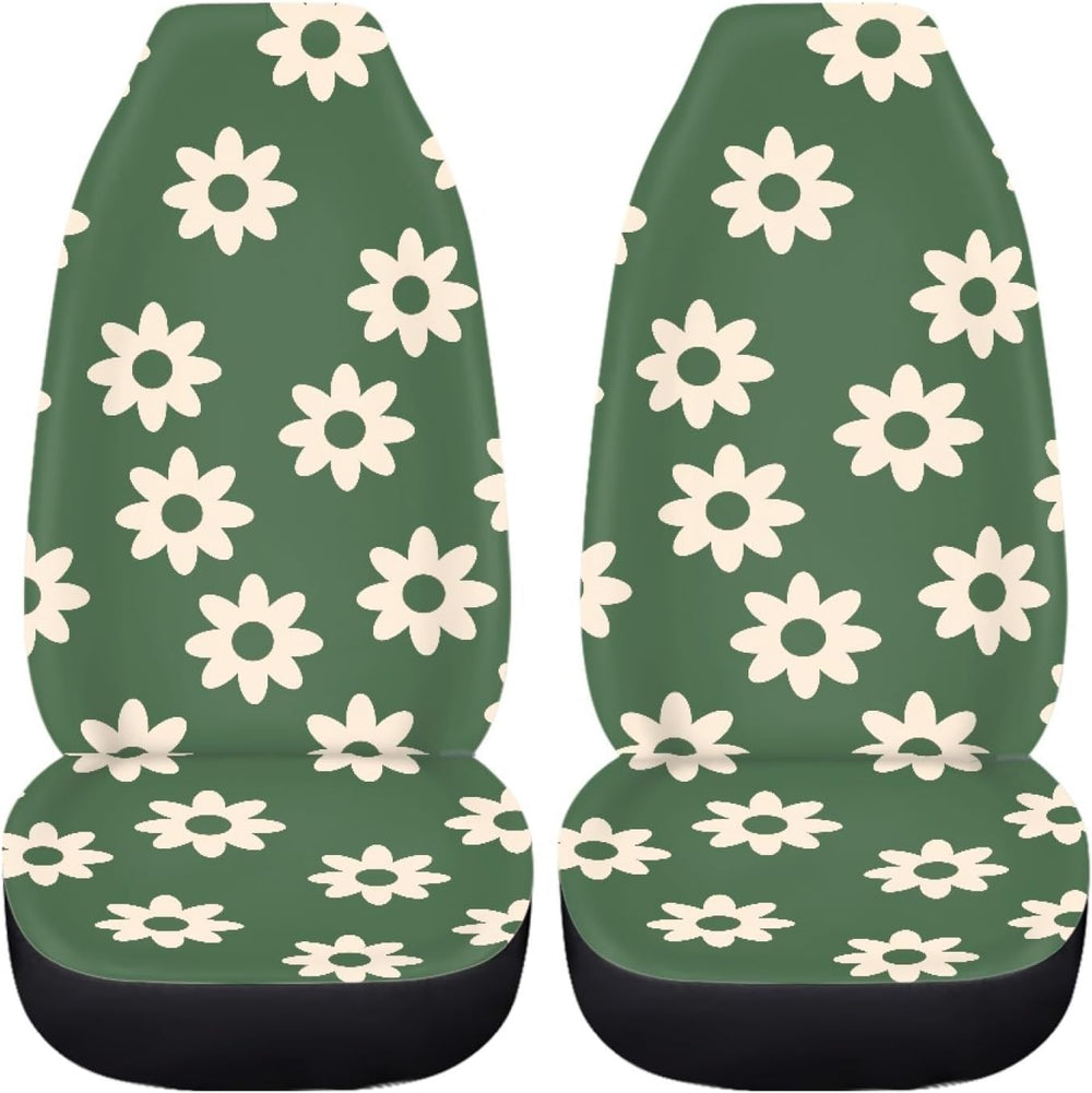 Green Groovy Flower Auto Seat Cover Set 2 Pack,Hippie Floral Car Front Seat C...