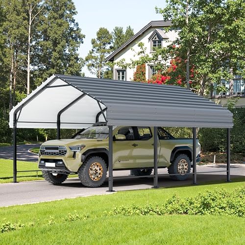 JY QAQA 12 x 15 FT Metal Carport Kits with Galvanized Steel Roof, Heavy Duty ...