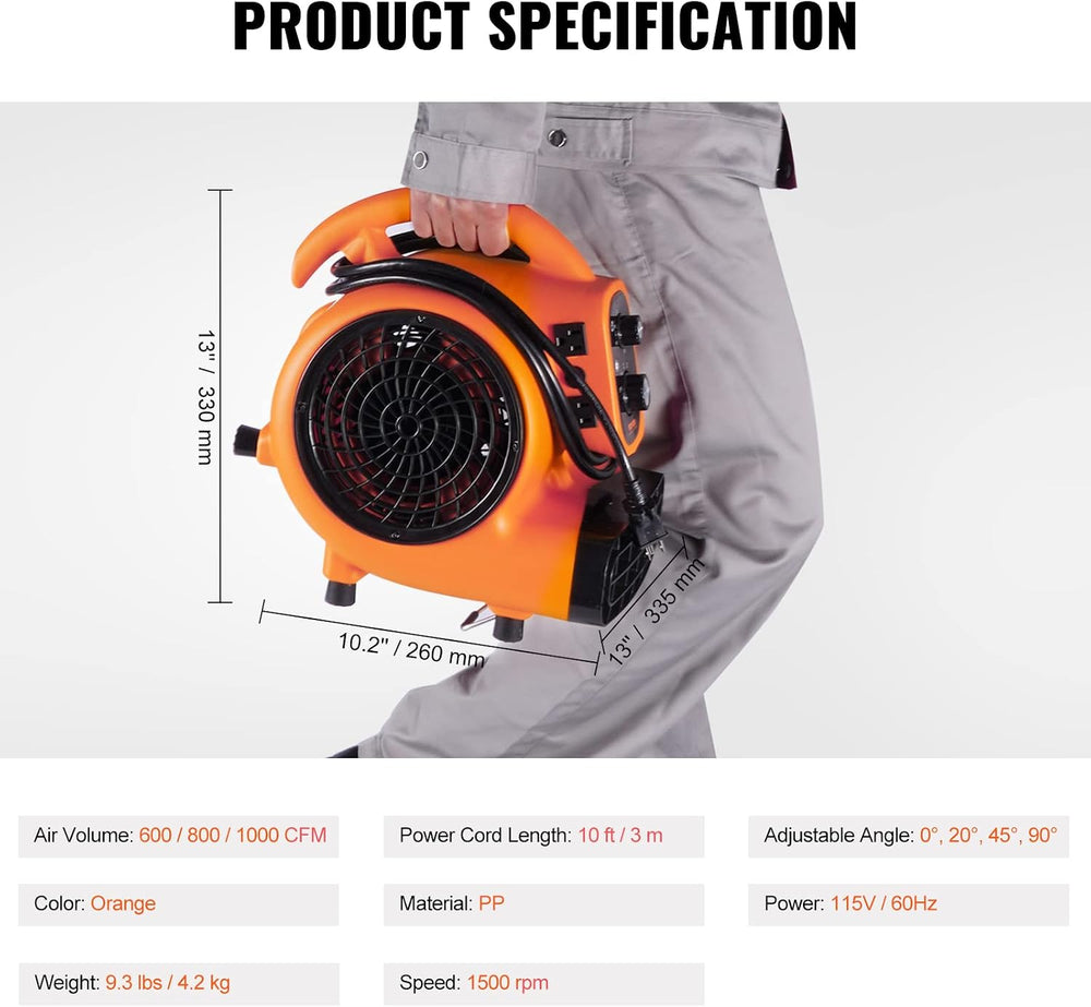 VEVOR Air Mover, 1/4 HP 1000 CFM Carpet Dryer for Cooling and Ventilating