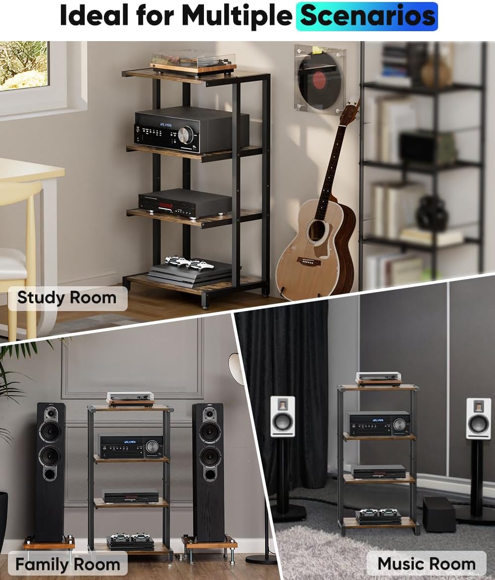 4-Tier Wooden Media Stand, AV Media Stand Corner Shelf for TV Accessories/Aud...