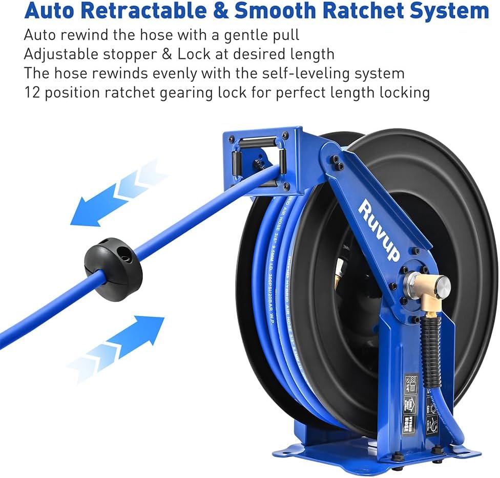 Ruvup Air Hose Reel 3/8"x75ft Auto Retractable Air Compressor Tool HoseReel