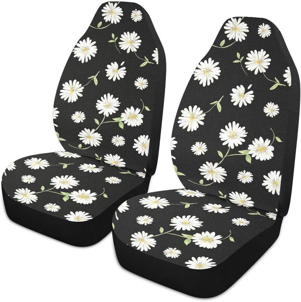 Daisy Car Seat Covers Set of 2,Cute Daisy Flowers Black Design Universal Auto...