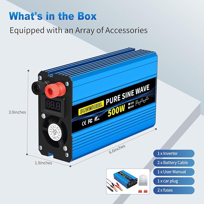 SUNWHEEL 500W 24V Pure Sine Wave Inverter, DC 24V to AC 110V/120V Car Power
