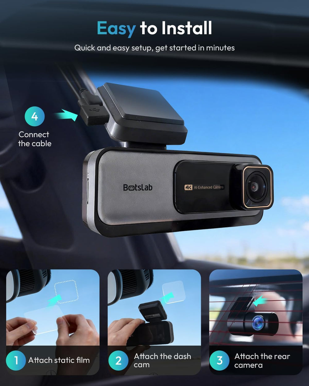 BOTSLAB G980H 4K STARVIS Dash Cam Front and Rear, 64GB Card[2026 Upgraded]