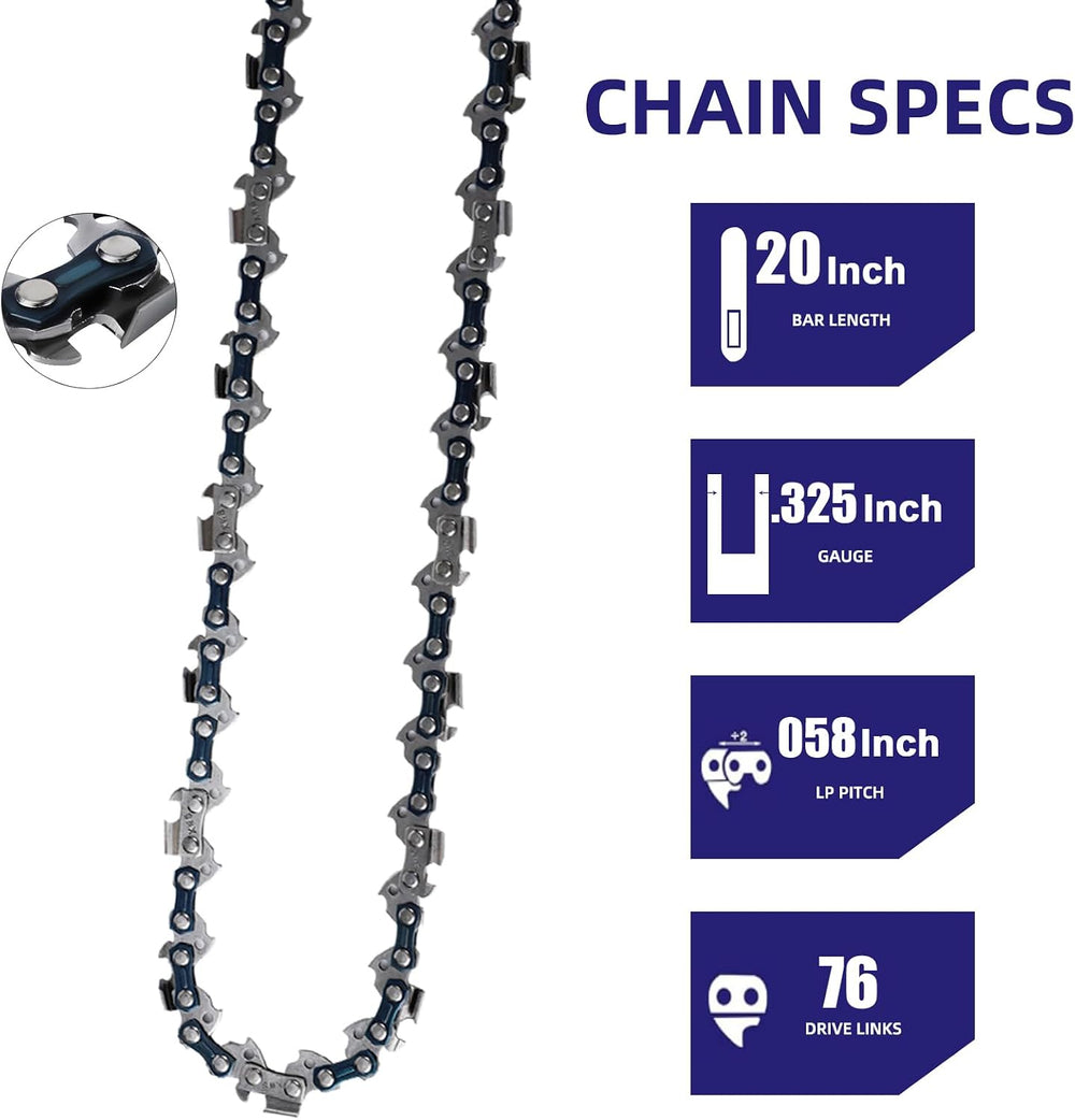 5 Pack 20 Inch Chainsaw Chain 76 Drive Links .58" Gauge, .325" Pitc...